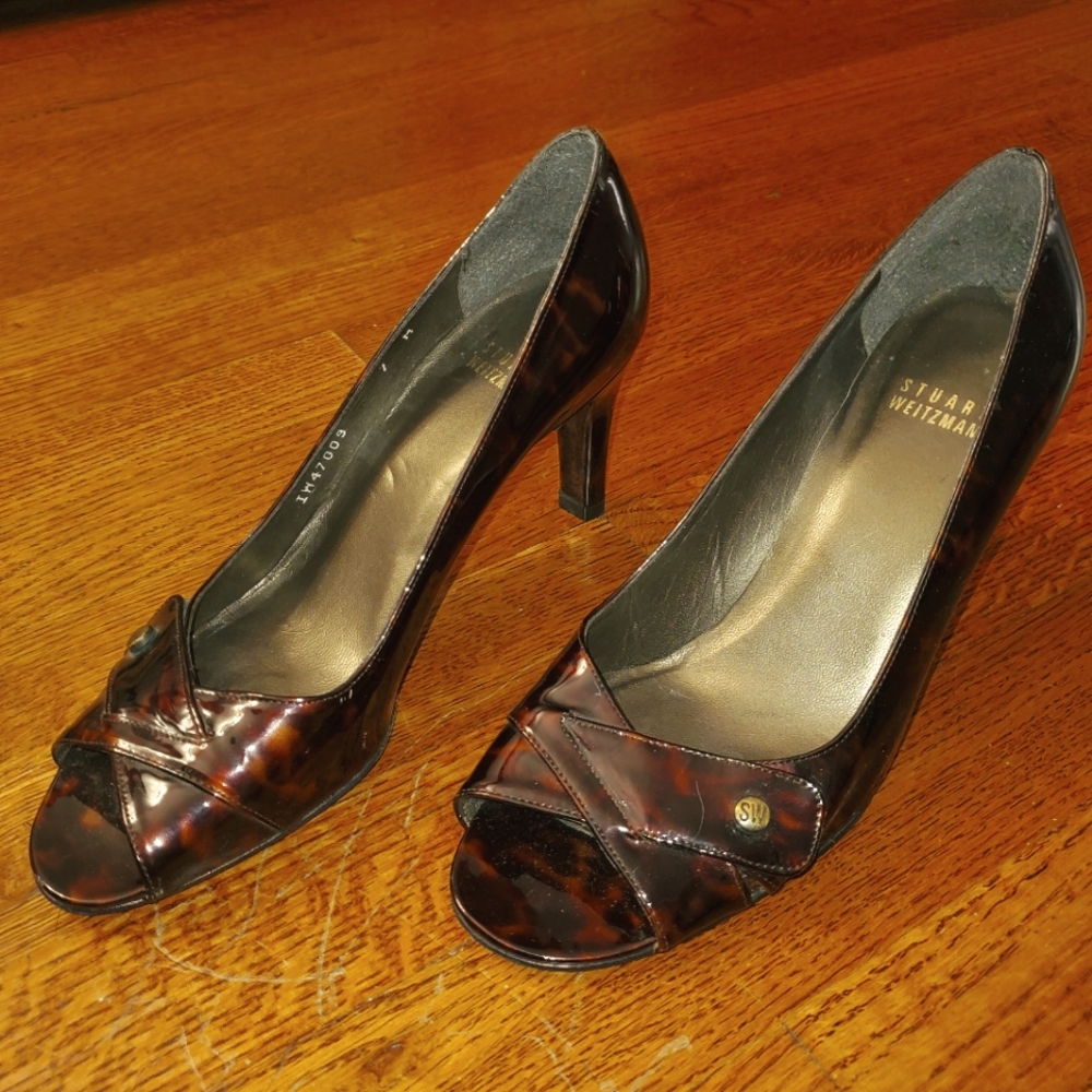 Stuart Weitzman Patent Leather Heels Pumps Sz 7 M Tortoise Shell Brown